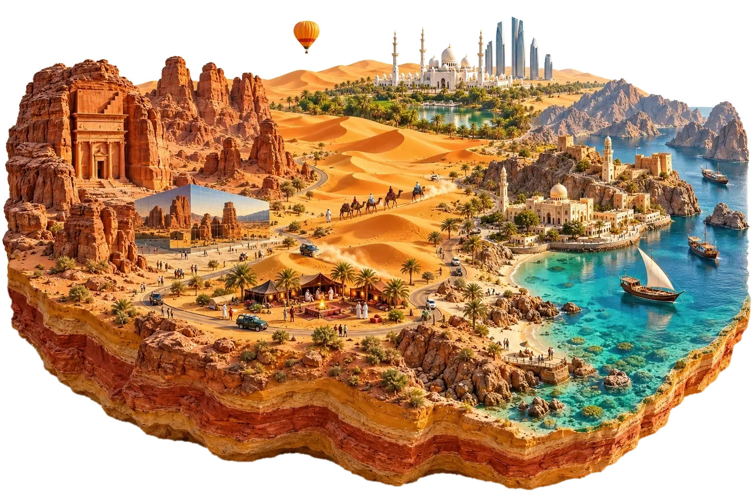 Arabian desert: orange dunes, a Bedouin camp with a tent, a camel caravan, an oasis with date palms and an SUV