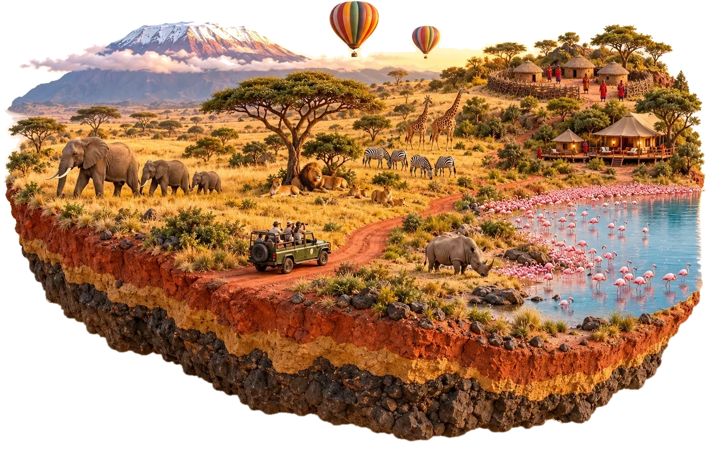 Kenyan savanna: a tented lodge on a rock, giraffes, elephants in the river and a safari jeep on a dirt road