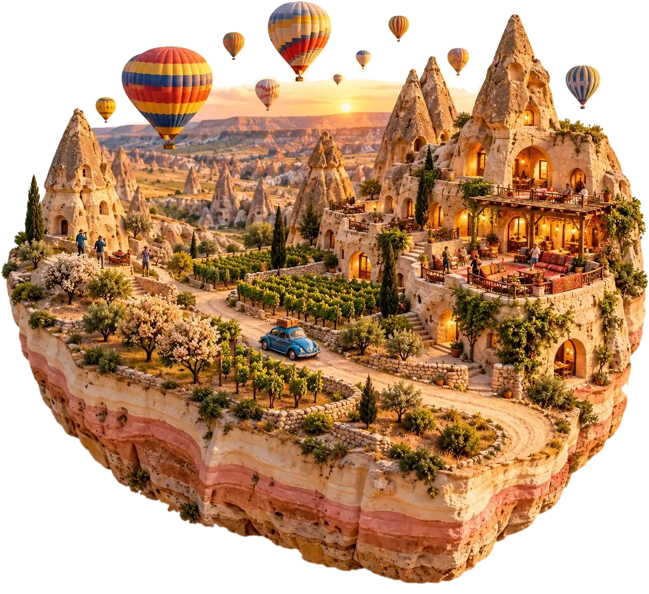 Cappadocia: fairy chimneys with a cave hotel, hot-air balloons over the valley, vineyards and a winding road